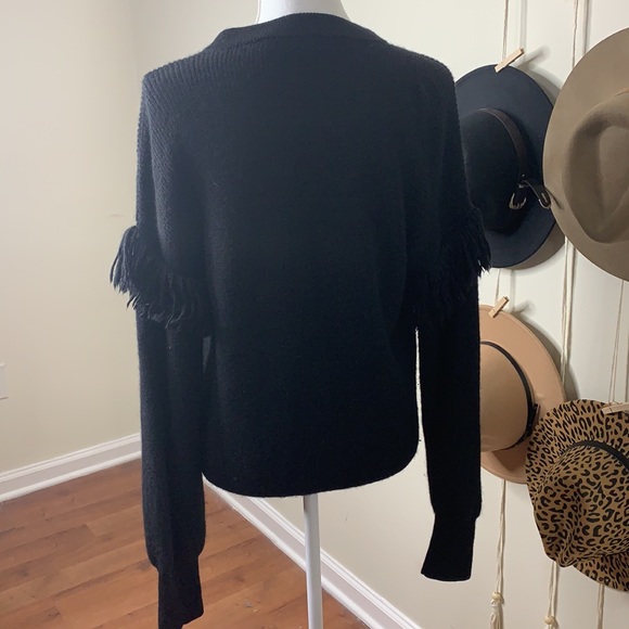 TORY BURCH BRISTOL FRINGE SLEEVE WOOL SWEATER SZ S  BLACK - Picture 4 of 10